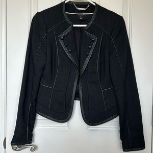 WHBM black jacket with leather trim detail. Size 2. No pockets. 4 eyelet closure